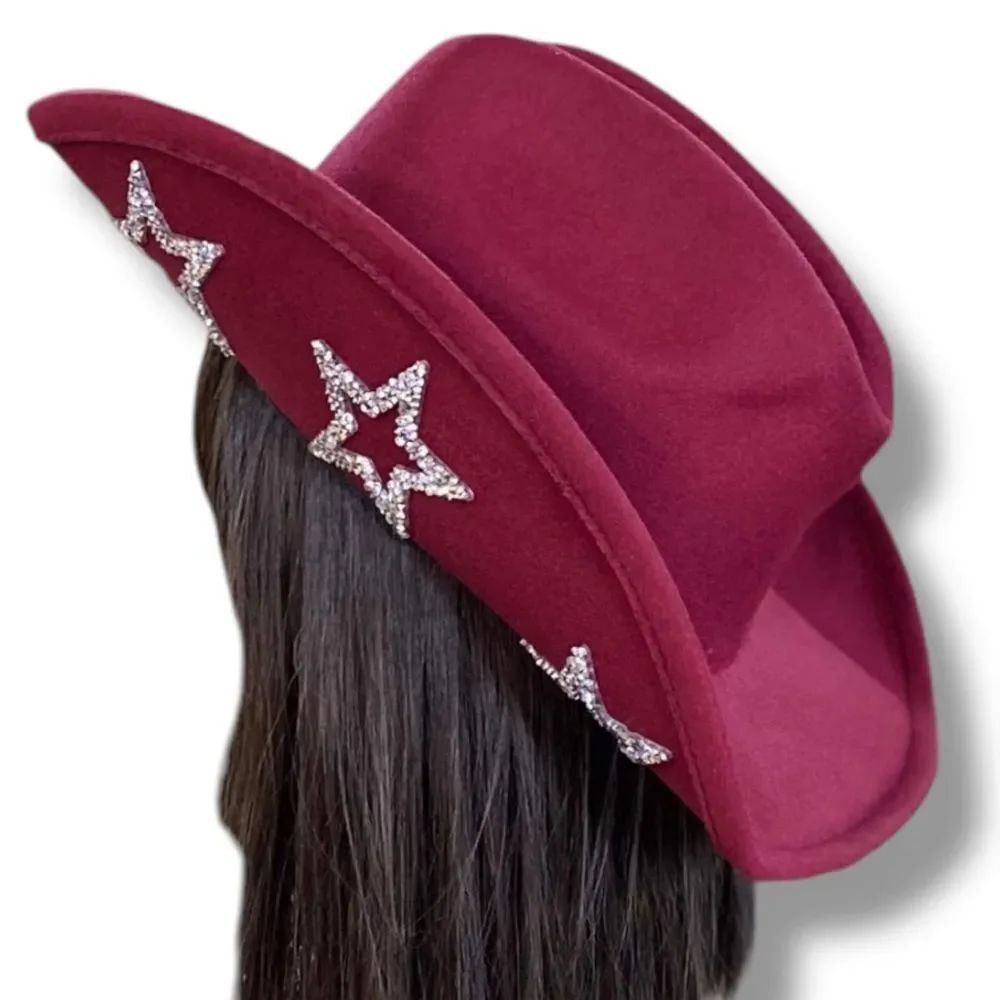 Sparkly Rhinestone Star Cowboy Hat NWT Burgundy Disco Cowgirl Festival Glam NWT